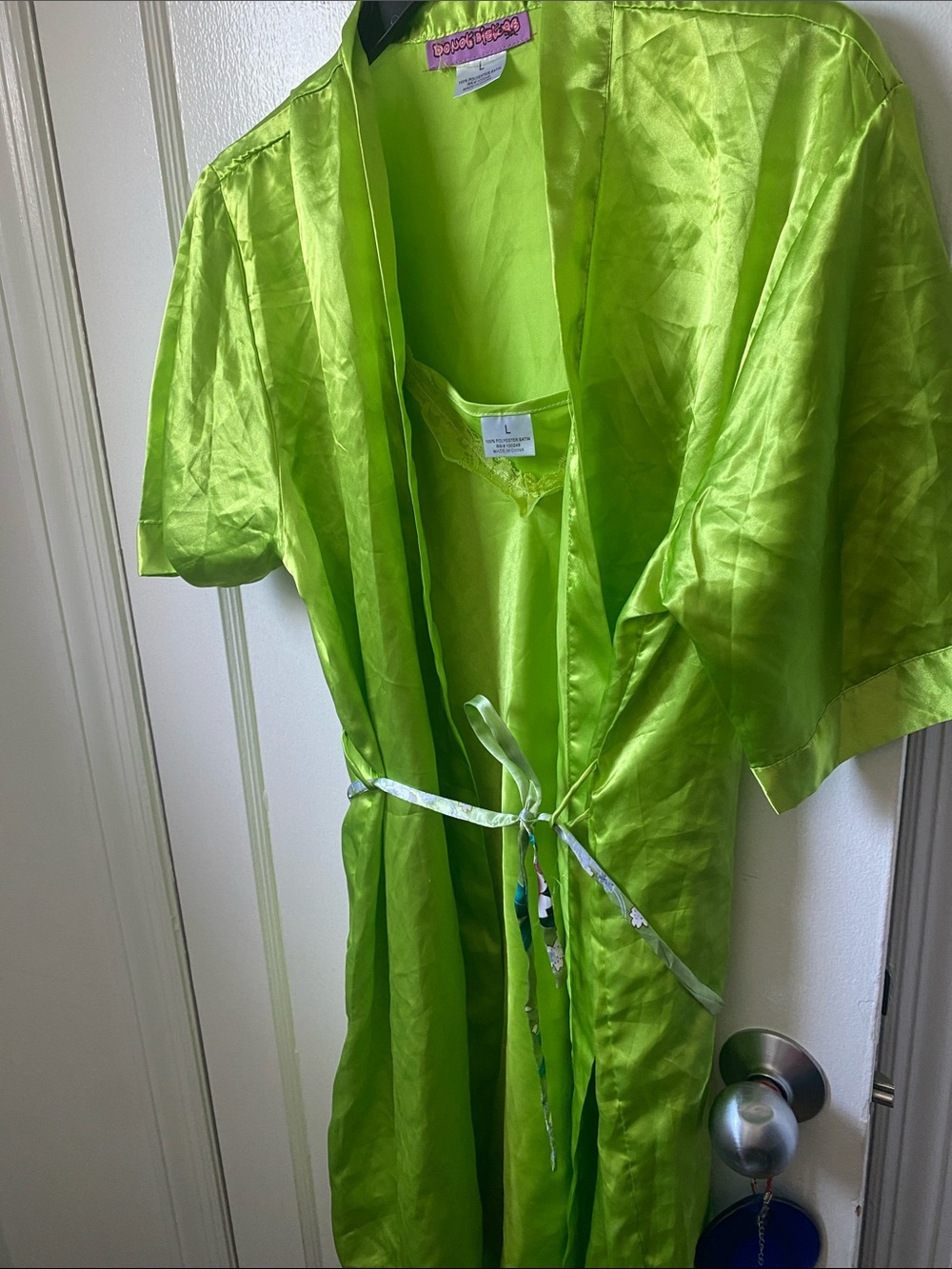 Neon Lime Satin Robe with Waist Tie L